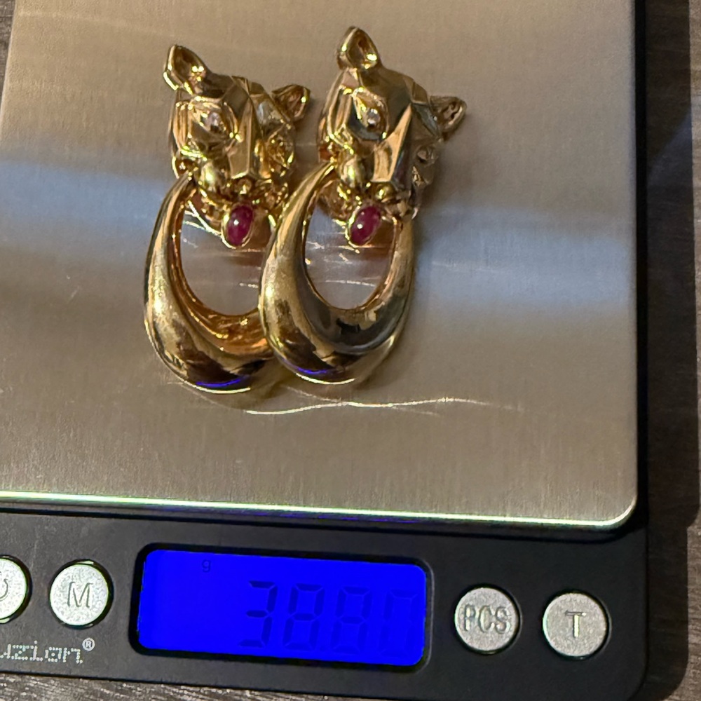 14k solid Gold Panther Earrings with Red Accent. 38.80 grams - Picture 6 of 7